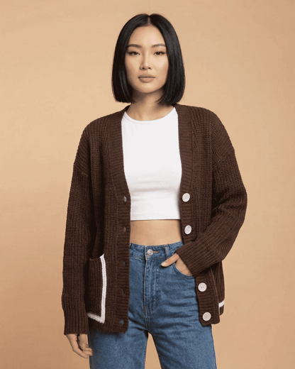 Cocoa Cardigan by Lauven, color block knit cardigan with relaxed fit, V-neckline, and button-front design.