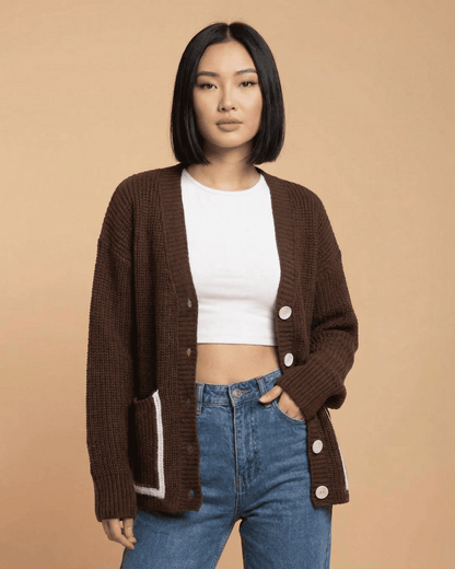 Cocoa Cardigan by Lauven featuring color block design and a relaxed fit, perfect for everyday style.