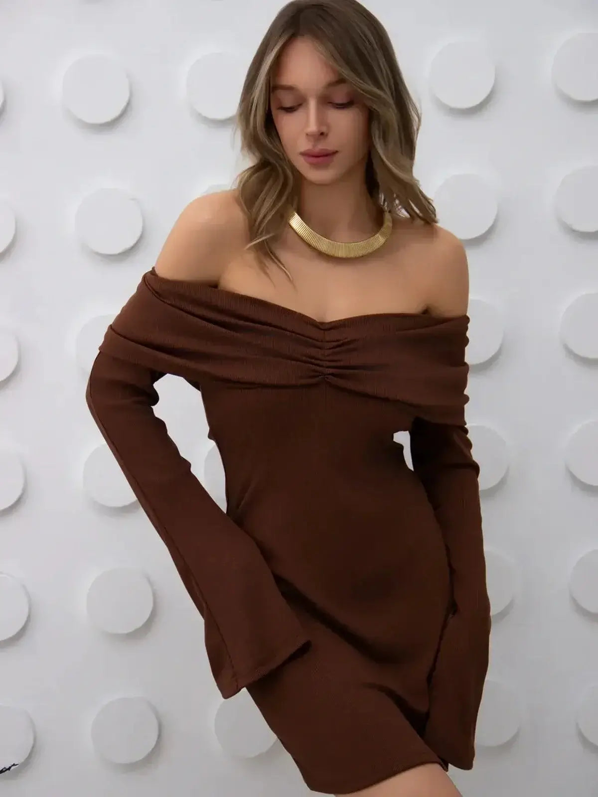 Cocoa Charm off-shoulder mini dress in chocolate tone with flared sleeves, perfect for weddings and elegant occasions.