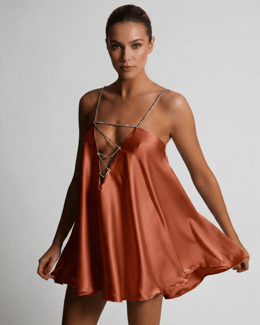 Copper Mini Dress by Lauven, luxurious satin A-line style with rhinestone detail, elegant sleeveless design.