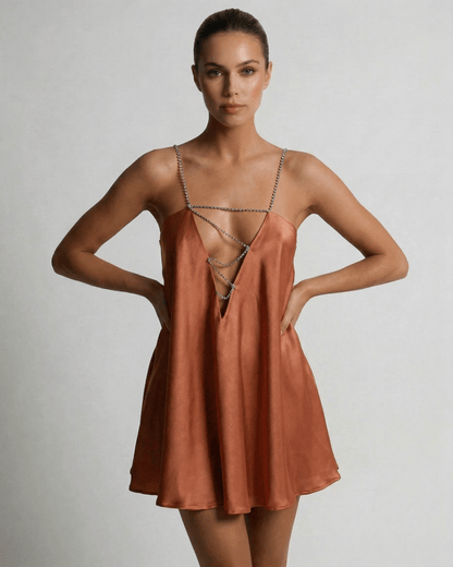 Copper Mini Dress by Lauven, luxurious satin A-line design with rhinestone detail, sleeveless, warm copper tone.