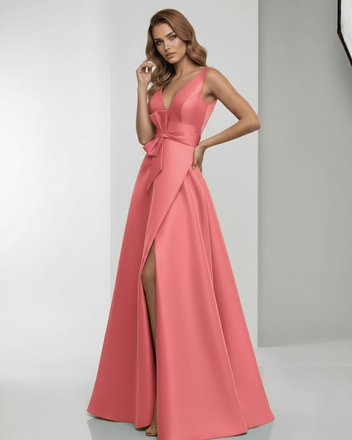 Coraline Maxi Dress - Coral satin A-Line V-Neck, elegant floor-length evening dress by Lauven, perfect for formal occasions.