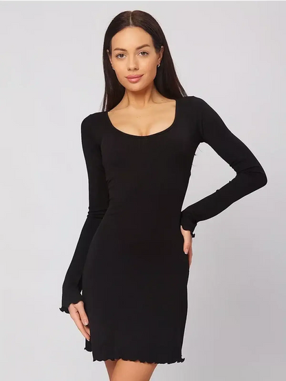 Black mini dress with long sleeves and U-shaped neckline, perfect for party or cocktail events.