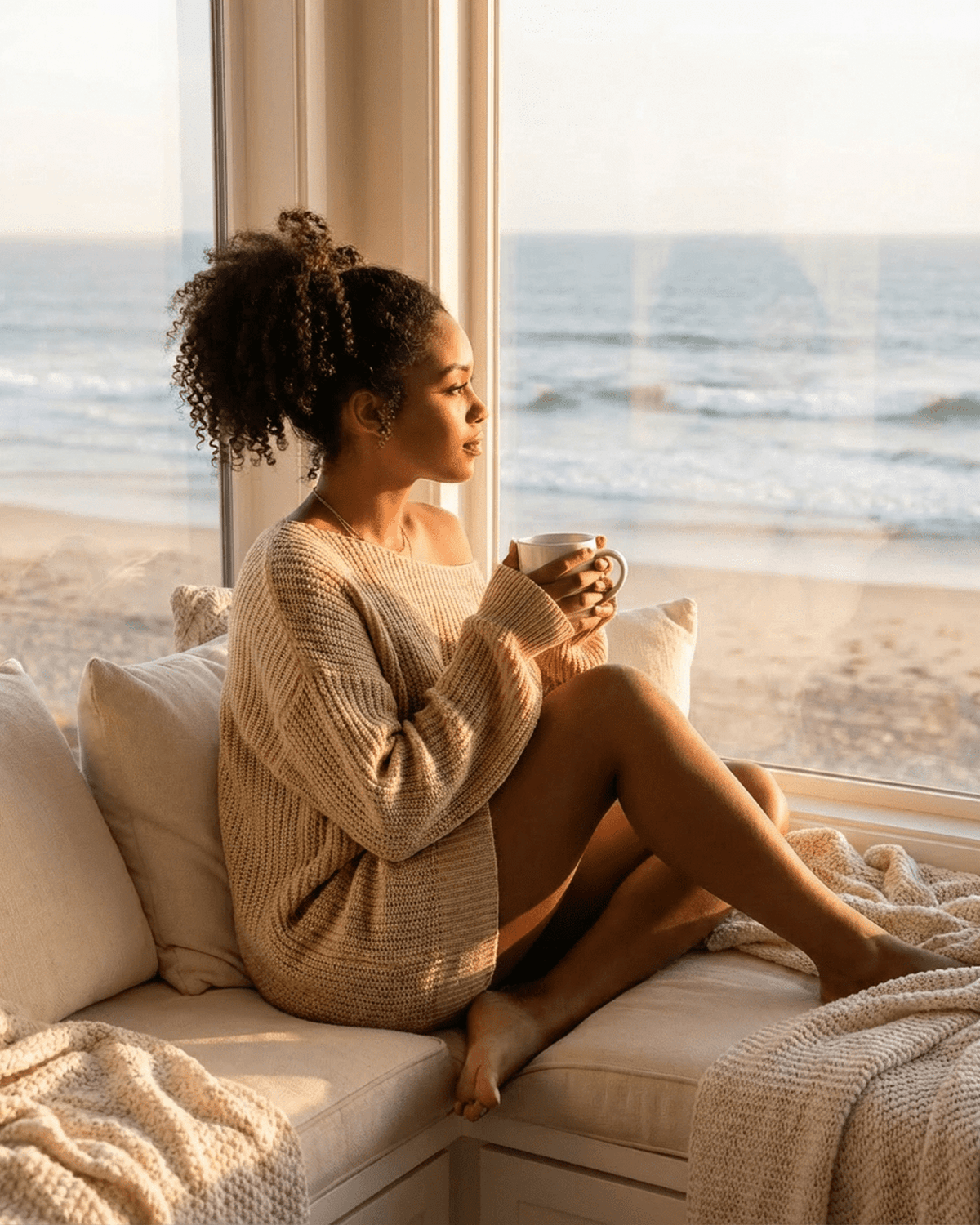 Woman enjoying a cozy moment in a sunlit room by the beach, wearing a knitted sweater and holding a mug.