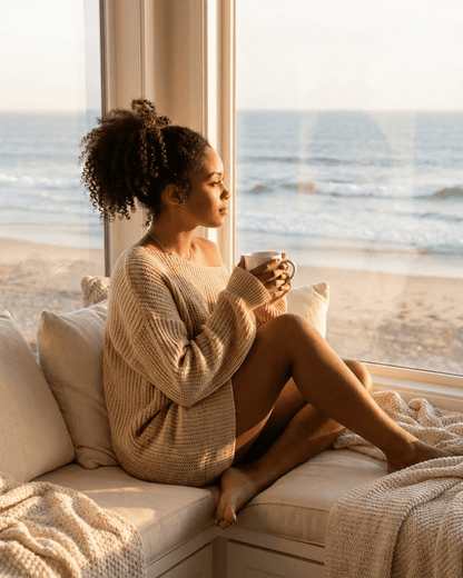Woman enjoying a cozy moment in a sunlit room by the beach, wearing a knitted sweater and holding a mug.