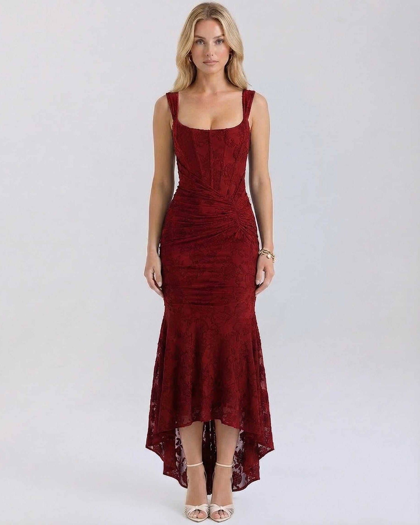 Crimson Maxi Dress by Lauven featuring elegant square collar, pleated details, and fish tail hemline in deep red.