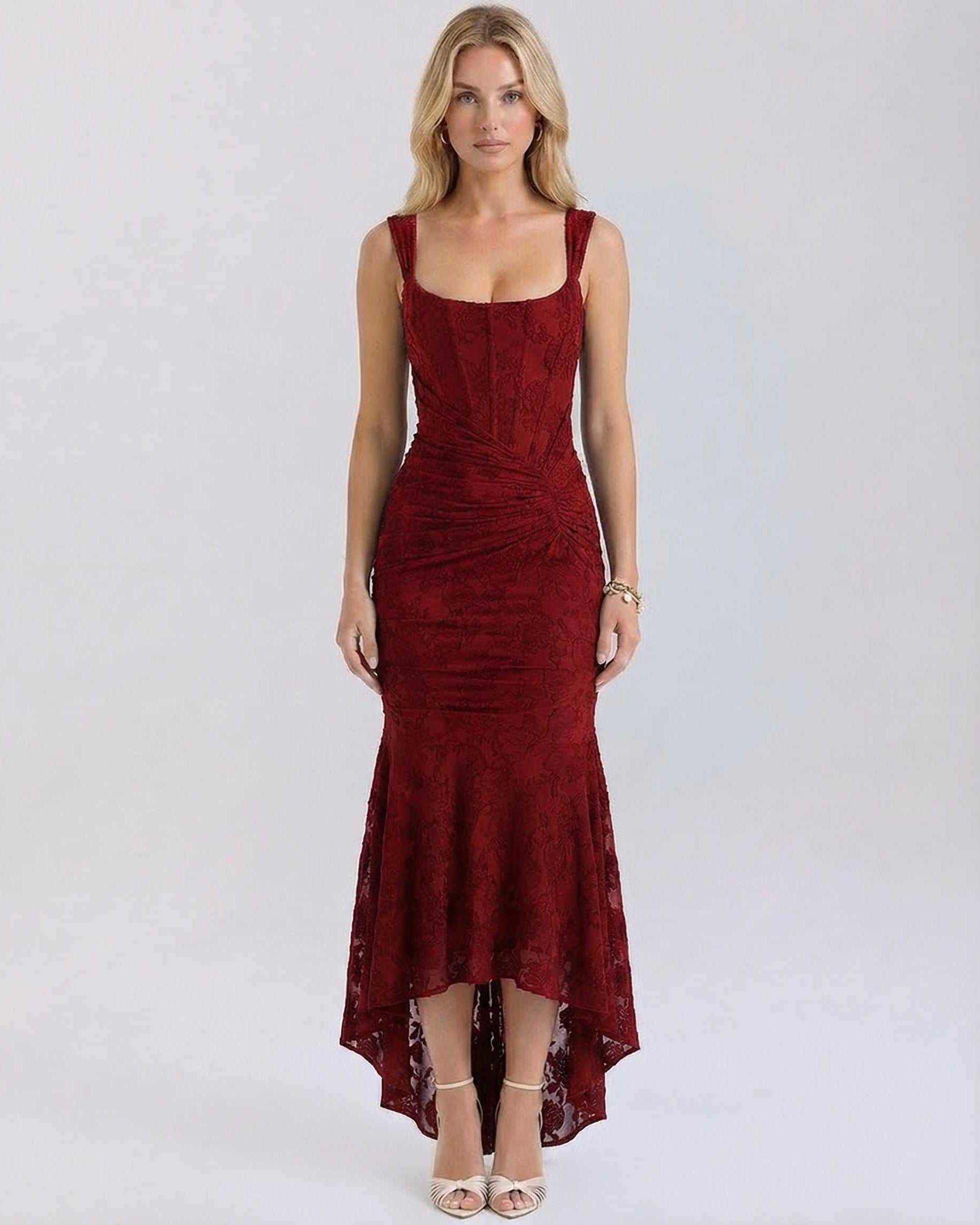 Crimson Maxi Dress by Lauven featuring elegant square collar, pleated details, and fish tail hemline in deep red.