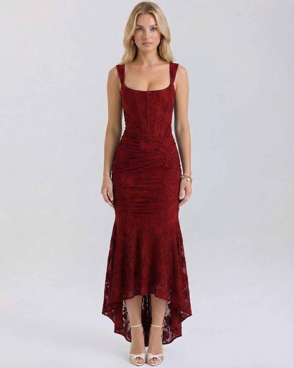 Crimson Maxi Dress by Lauven featuring elegant square collar, pleated details, and fish tail hemline in deep red.