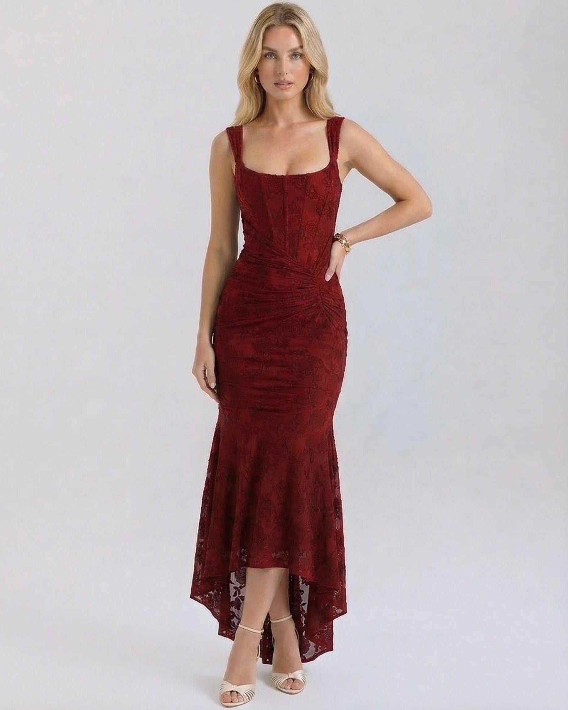 Crimson Maxi Dress by Lauven featuring a square neckline and elegant jacquard fabric in deep red.