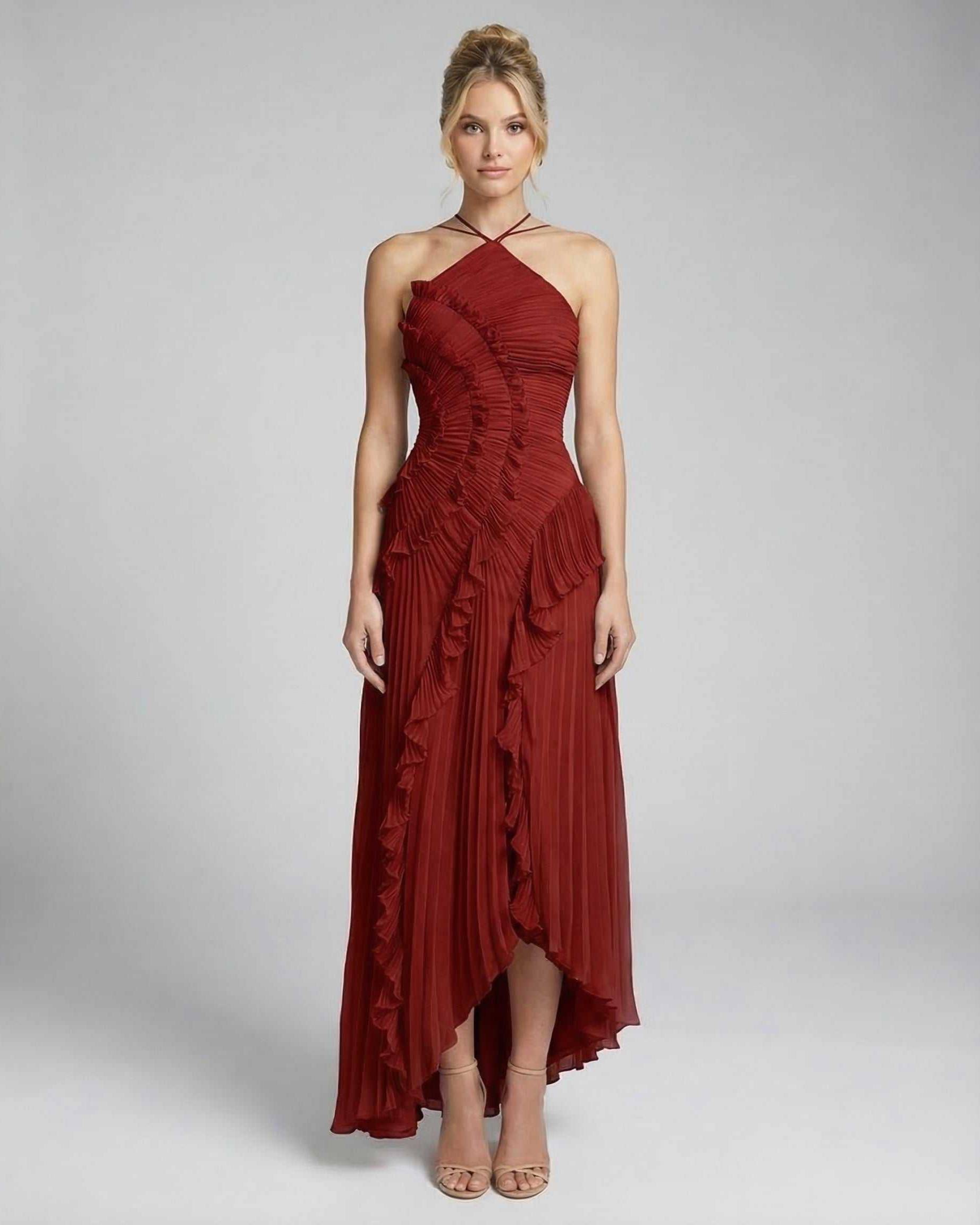 Lauven Crimson Maxi Dress - Elegant pleated halter gown in vibrant red with ruffle details and flattering fit.