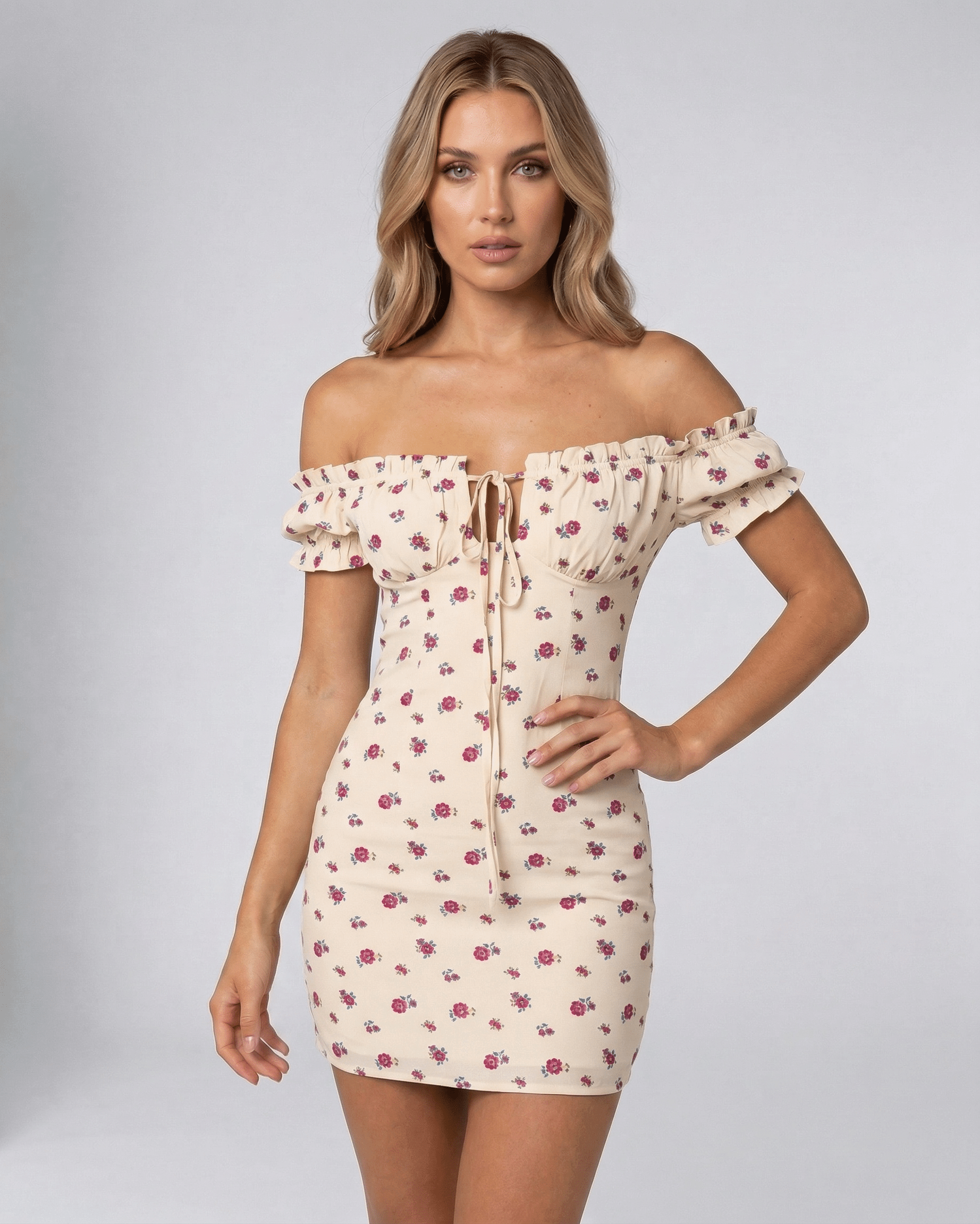 Dahlia Mini Dress by Lauven featuring off-shoulder design and floral print on cream base.