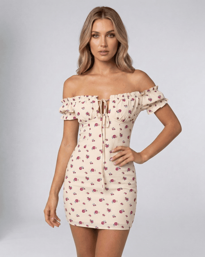 Dahlia Mini Dress by Lauven featuring off-shoulder design and floral print on cream base.