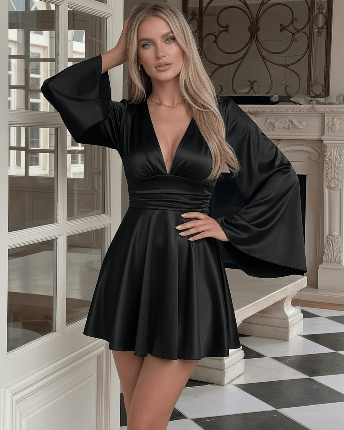 Ebony Mini Dress by Lauven featuring a chic black A-line silhouette and 3/4 length flare sleeves.