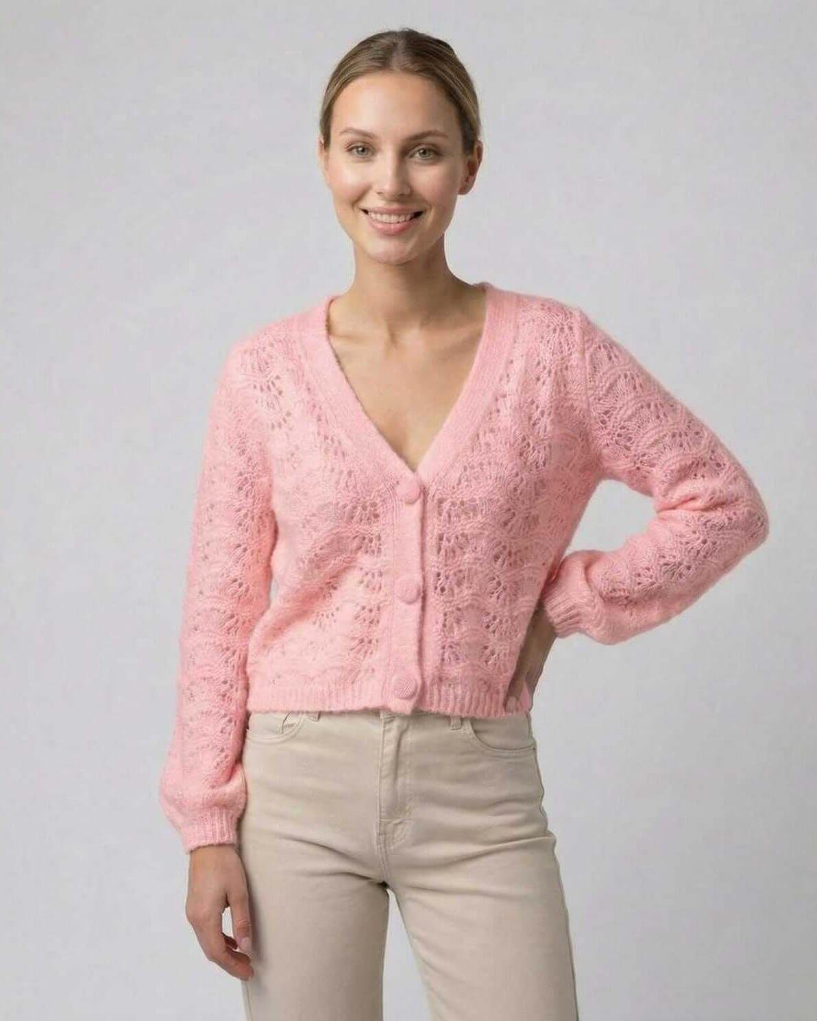 Elara Cardigan by Lauven - Women’s pink cardigan sweater with V-neck and hollow out knit detail.
