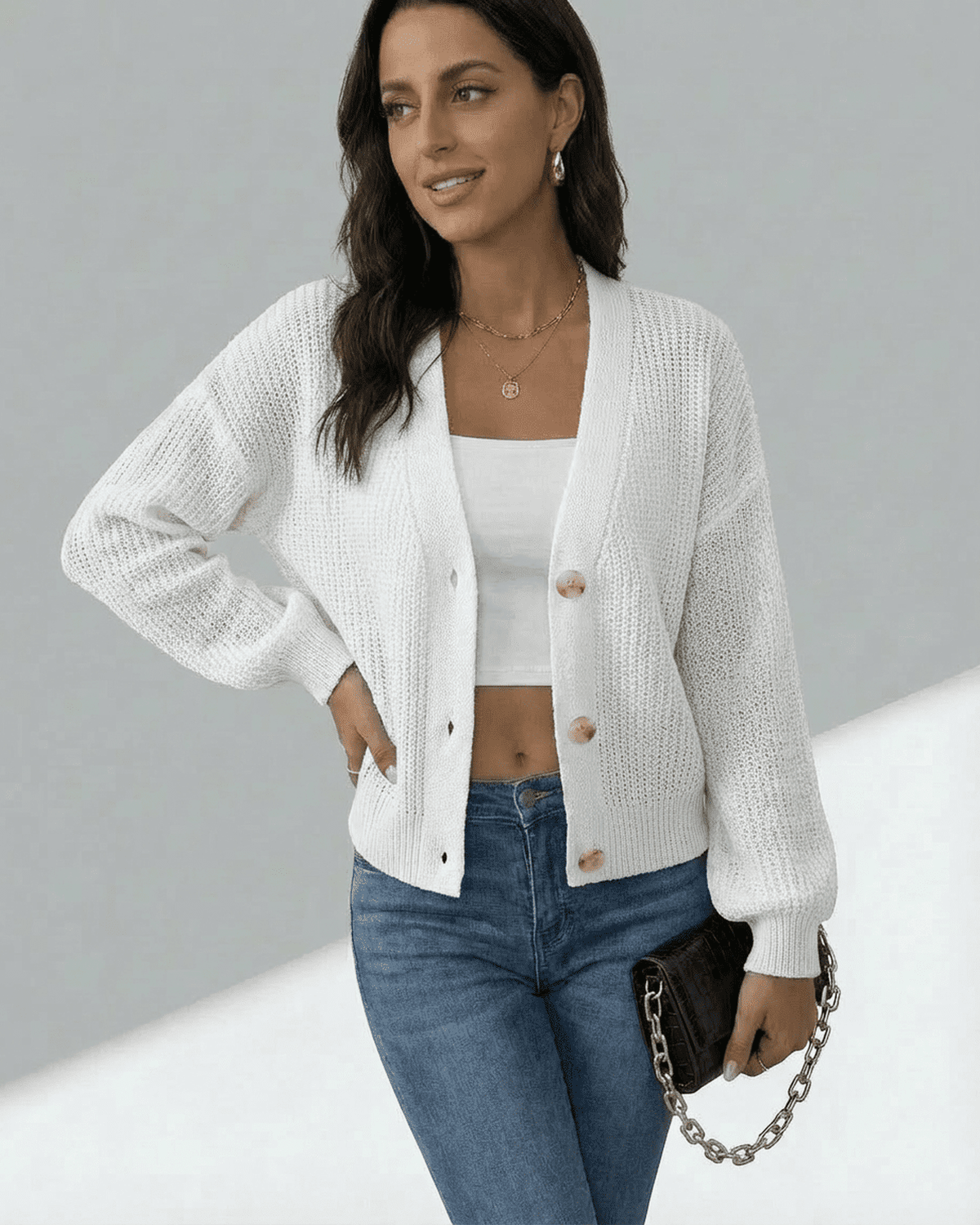 Elara Cardigan by Lauven, lightweight button-front knitwear in white, perfect for casual and elevated styling.