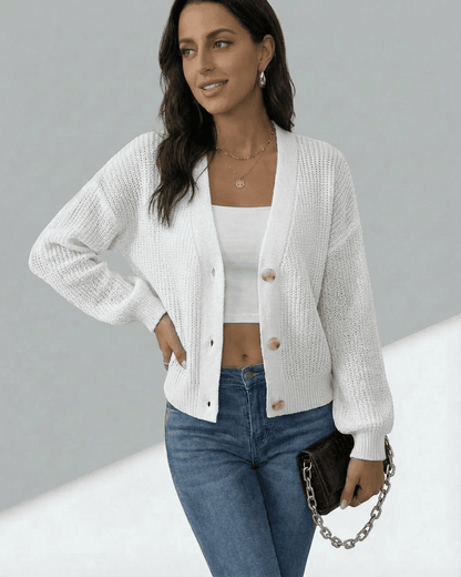Elara Cardigan by Lauven, lightweight button-front knitwear in white, perfect for casual and elevated styling.