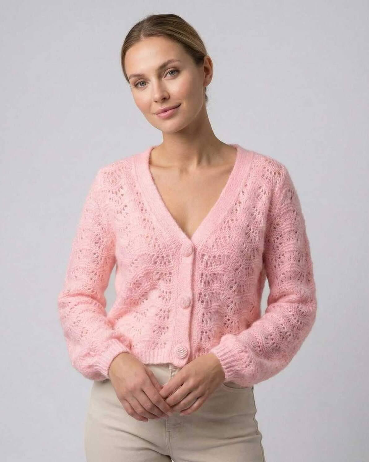 Elara Cardigan by Lauven – Women's pink V-neck hollow out knit cardigan sweater.