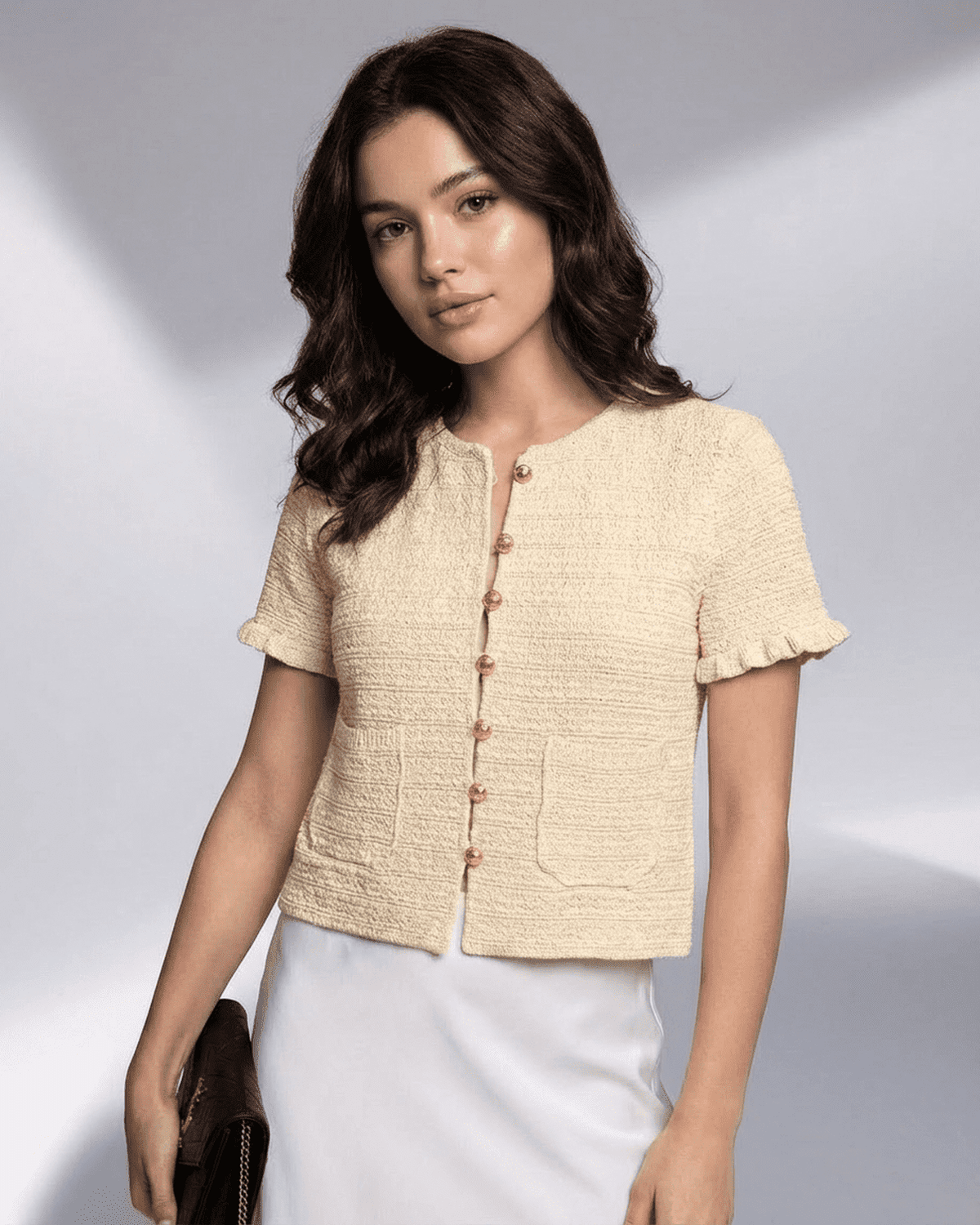 Elara Cardigan by Lauven, short sleeve button knitwear with classic O-neck collar and subtle texture.