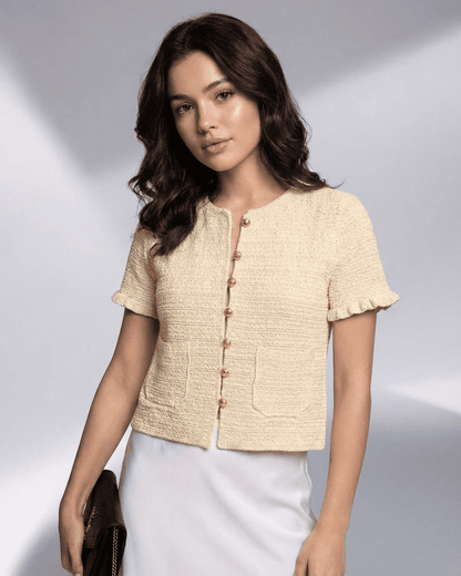 Elara Cardigan by Lauven, short sleeve button knitwear with classic O-neck collar and subtle texture.