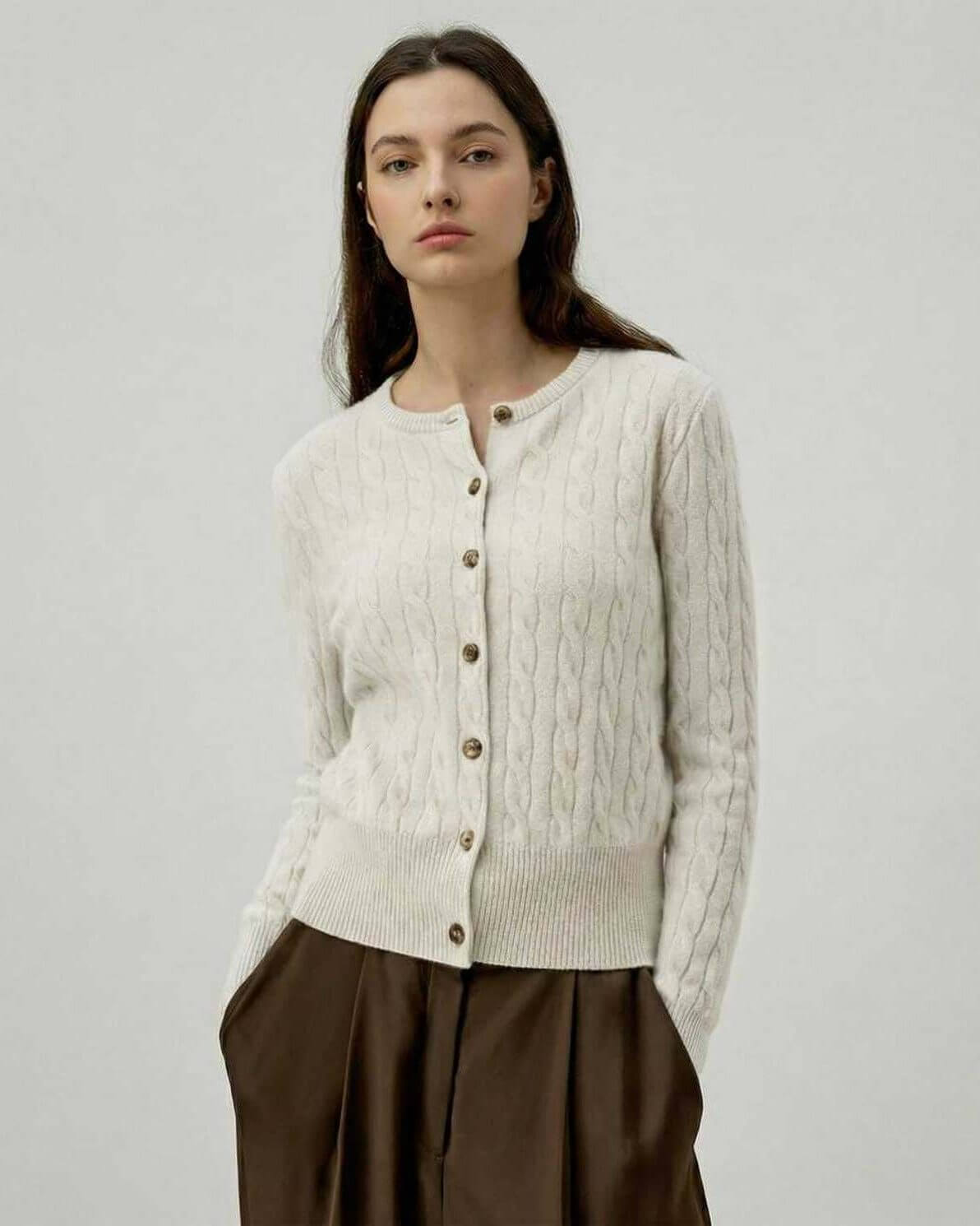 Elara Cardigan by Lauven – Women’s white classic cable knit cardigan sweater with a polished silhouette.