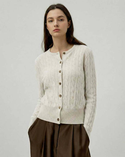 Elara Cardigan by Lauven – Women’s white classic cable knit cardigan sweater with a polished silhouette.
