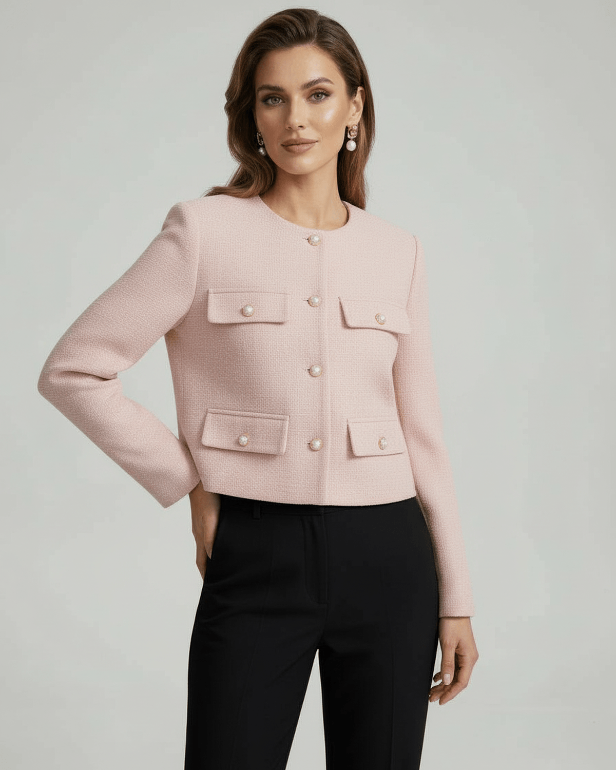 Elara Jacket by Lauven - Soft pink wool blend jacket with gold button detailing and cropped silhouette.