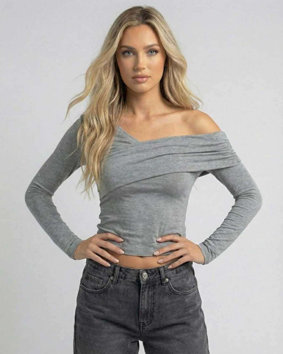 Elara Long Sleeve by Lauven, a women's off-the-shoulder top featuring a gray slim fit design and cold shoulder details.