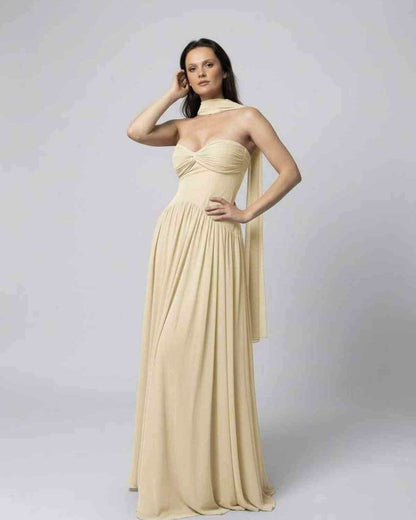 Elara Maxi Dress - Beige strapless maxi dress with elegant choker scarf, flowing skirt by Lauven.