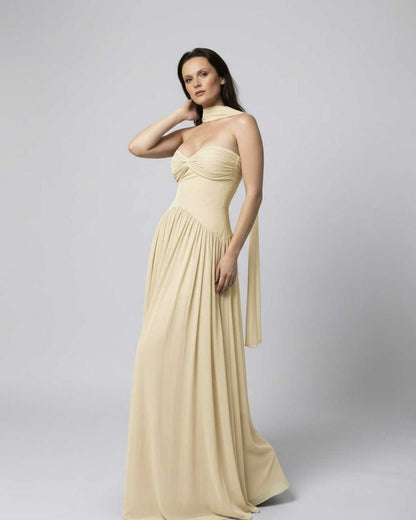 Elara Maxi Dress - Beige strapless dress with choker scarf, elegant flowing design by Lauven.