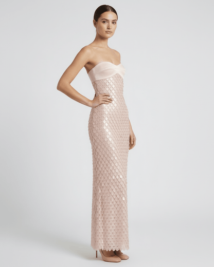 Elara Maxi Dress - Strapless satin bodice with blush pink sequin skirt, offering a modern evening look by Lauven.