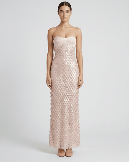 Elara Maxi Dress – Blush Pink Sequin Maxi Dress by Lauven with strapless satin bodice and dimensional shimmer.