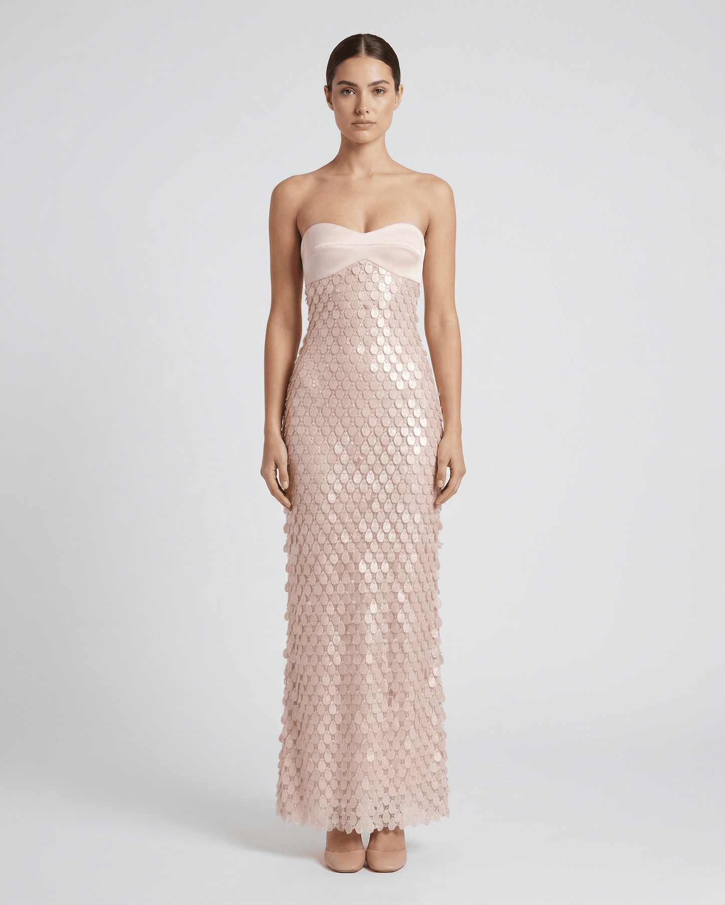 Elara Maxi Dress – Blush Pink Sequin Maxi Dress with Strapless Satin Bodice from Lauven, offering elegance and shimmer.