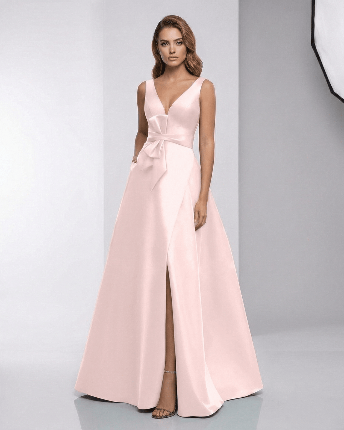 Elara Maxi Dress - Blush satin A-line evening gown with V-neck, smooth finish and graceful floor-length design by Lauven.