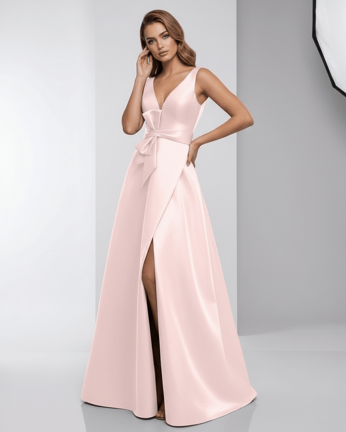 Elara Maxi Dress - Satin A-Line V-Neck Dress by Lauven, featuring a soft blush hue, bow detail, and a stylish floor-length design.