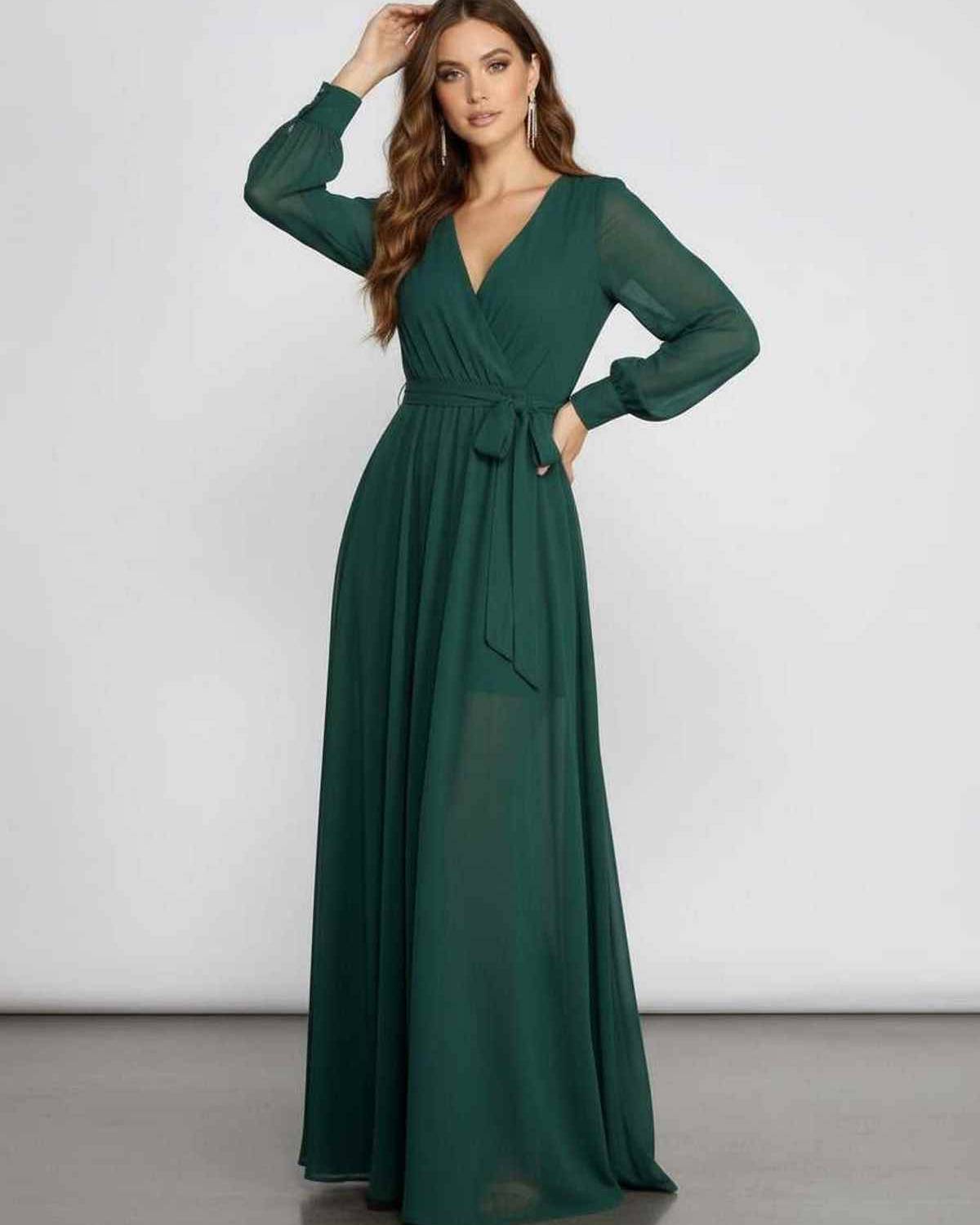 Elara Maxi Dress in emerald chiffon, long sleeve with V-neckline, elegant A-line silhouette, by Lauven.