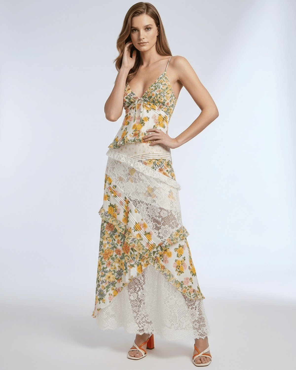 Elara Maxi Dress featuring floral lace, V-neck design, airy feel, by Lauven, perfect for summer occasions.