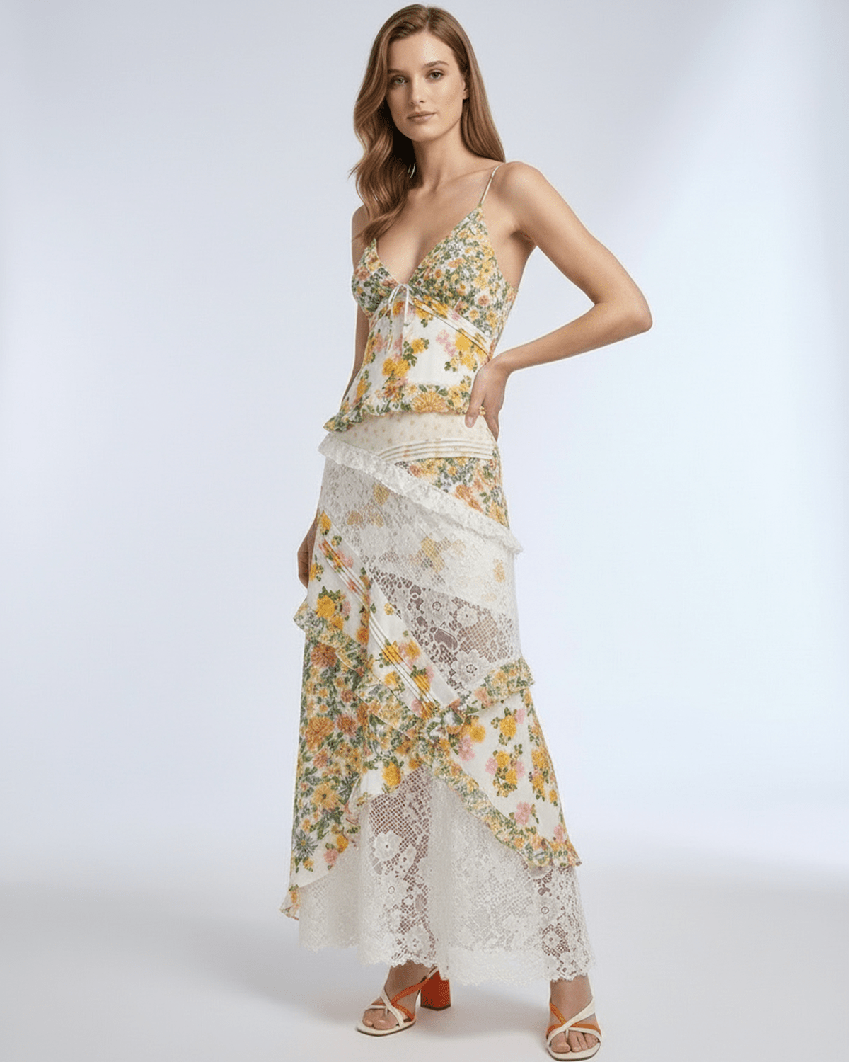 Elara Maxi Dress - Floral lace ruffle V-neck with ivory base, yellow-green patterns from Lauven, airy feel.