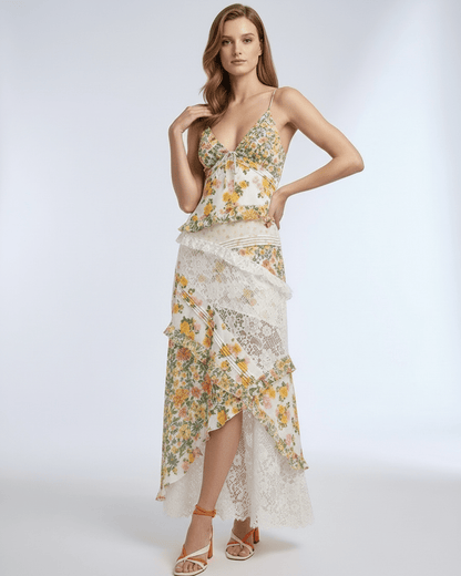Elara Maxi Dress - Floral lace ruffle V-neck design with ivory base and floral patterns by Lauven.