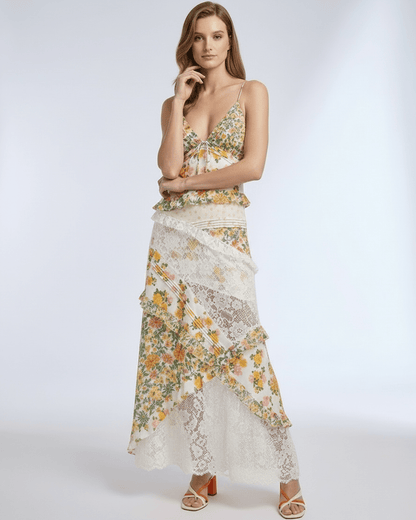 Elara Maxi Dress featuring floral lace, ruffle accents, and lightweight materials for an airy feel by Lauven.