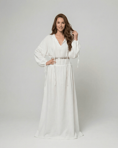 Elara Maxi Dress by Lauven, a cotton A-Line maxi dress with adjustable waist and long sleeves, perfect for warm weather.
