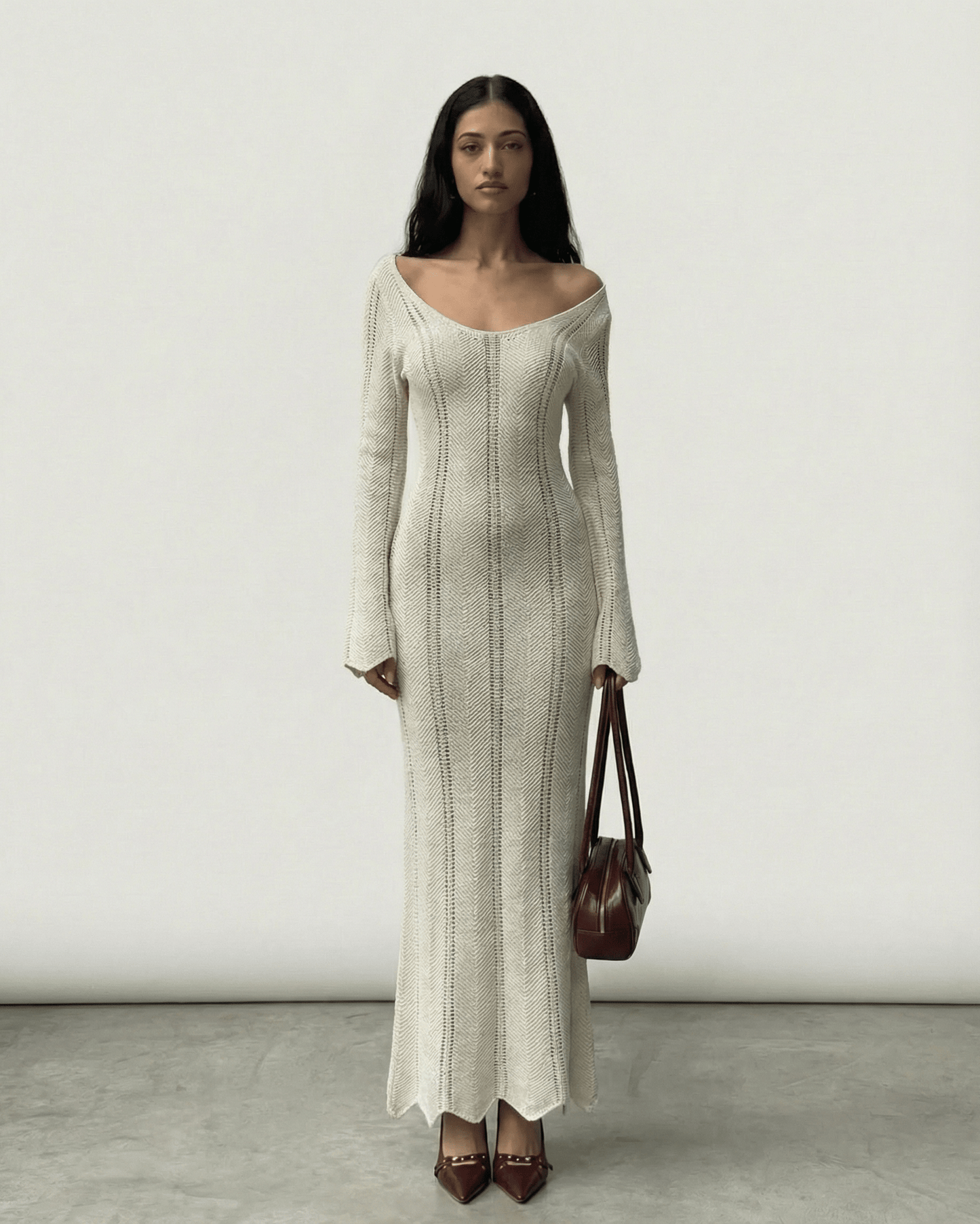 Elara Maxi Dress by Lauven - Ribbed V-Neck Bodycon Dress with Long Flare Sleeves