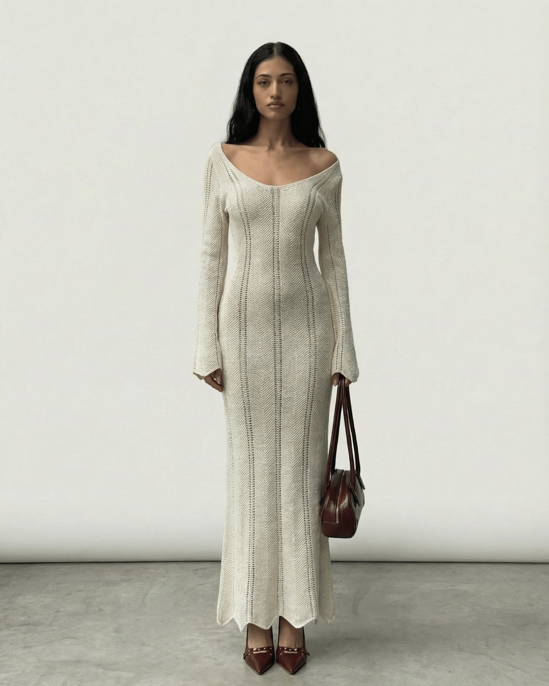 Elara Maxi Dress by Lauven - Ribbed V-Neck Bodycon Dress with Long Flare Sleeves