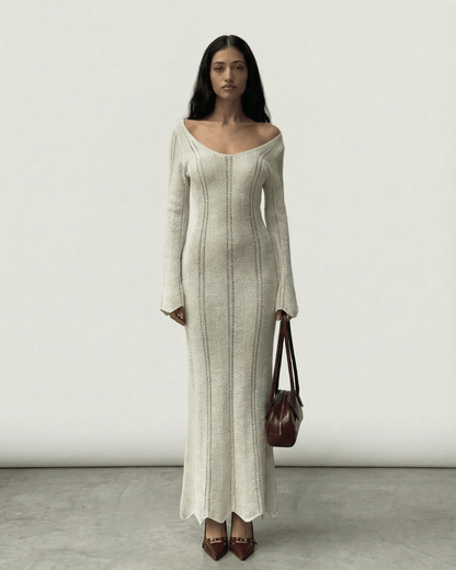 Elara Maxi Dress by Lauven - Ribbed V-Neck Bodycon Dress with Long Flare Sleeves