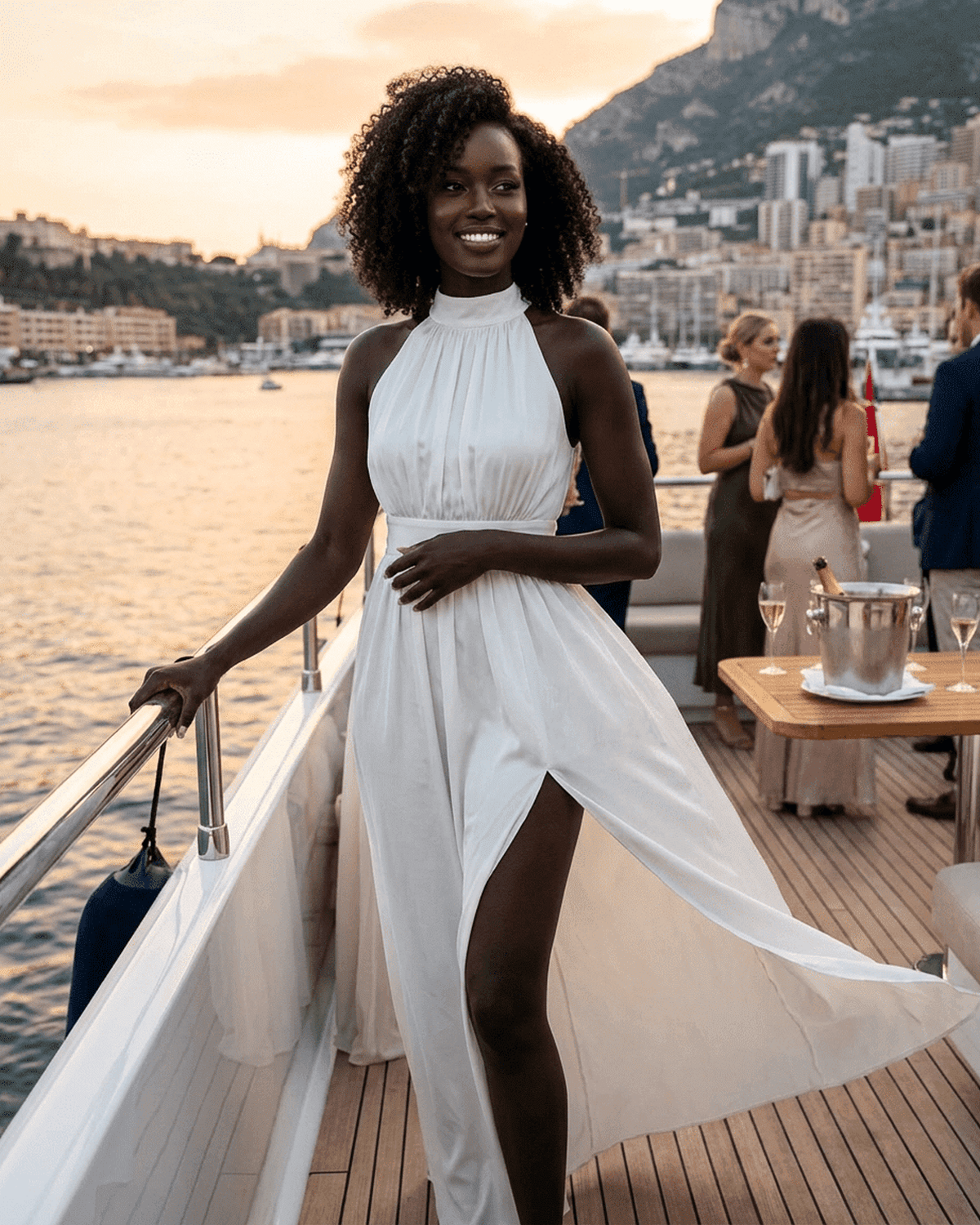 Elara Maxi Dress by Lauven, elegant sleeveless turtleneck maxi dress with high waist and side slit, against a scenic sunset background.