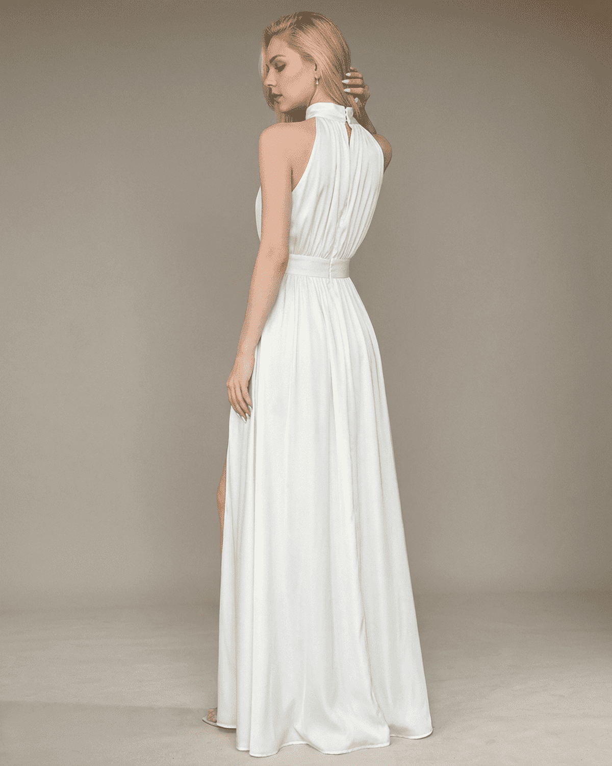Elara Maxi Dress by Lauven, elegant sleeveless turtleneck design with high waist and side slit in white.