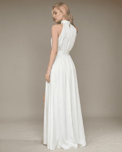 Elara Maxi Dress by Lauven, elegant sleeveless turtleneck design with high waist and side slit in white.