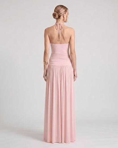 Elara Maxi Dress featuring a halter neck, ruched waist, flowing skirt, made of soft stretch jersey by Lauven.
