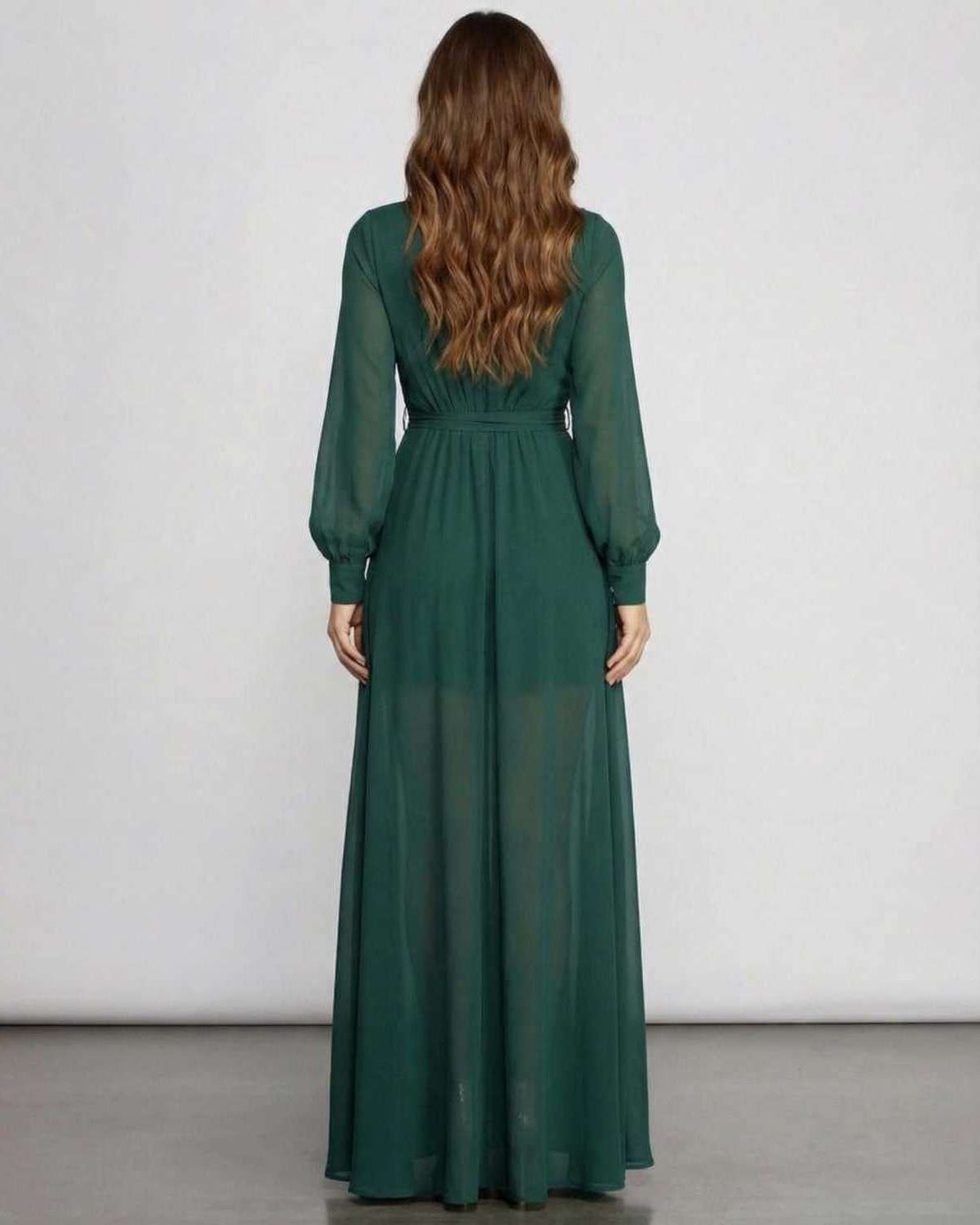 Elara Maxi Dress - Long sleeve emerald chiffon dress with elegant flow and back detail by Lauven.