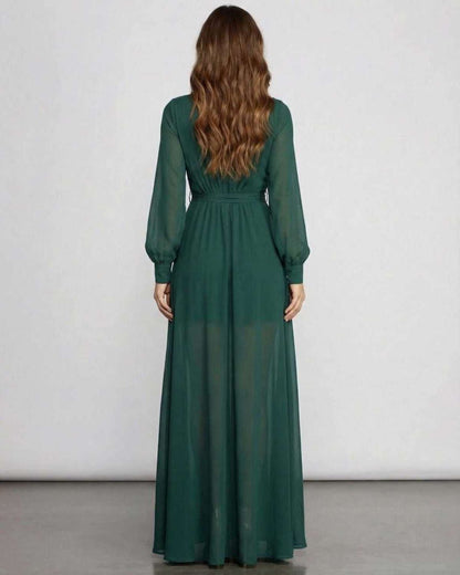 Elara Maxi Dress - Long sleeve emerald chiffon dress with elegant flow and back detail by Lauven.