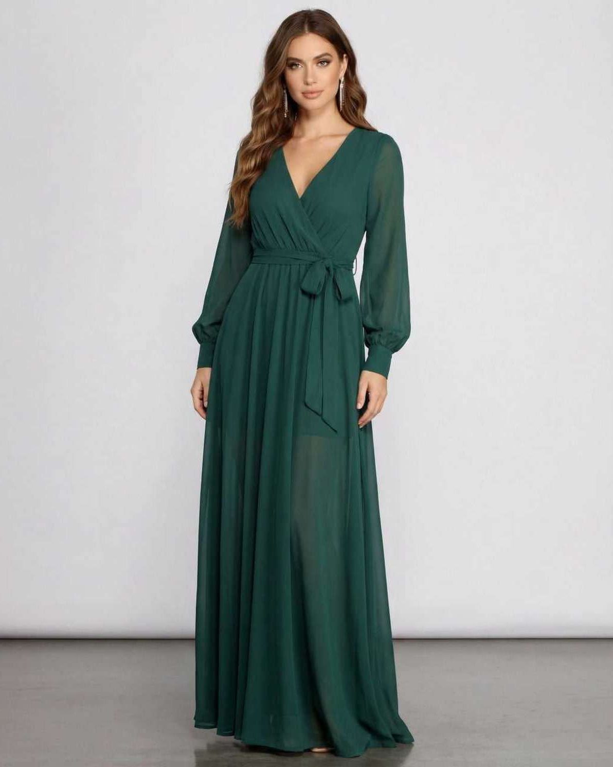 Elara Maxi Dress in emerald chiffon, long sleeve, wrap-front design, elegant and fluid for formal occasions by Lauven.